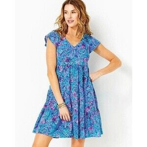 Lilly Pulitzer Kawai Swing Mini Dress Floral Printed Tiered Cotton L NEW 282233